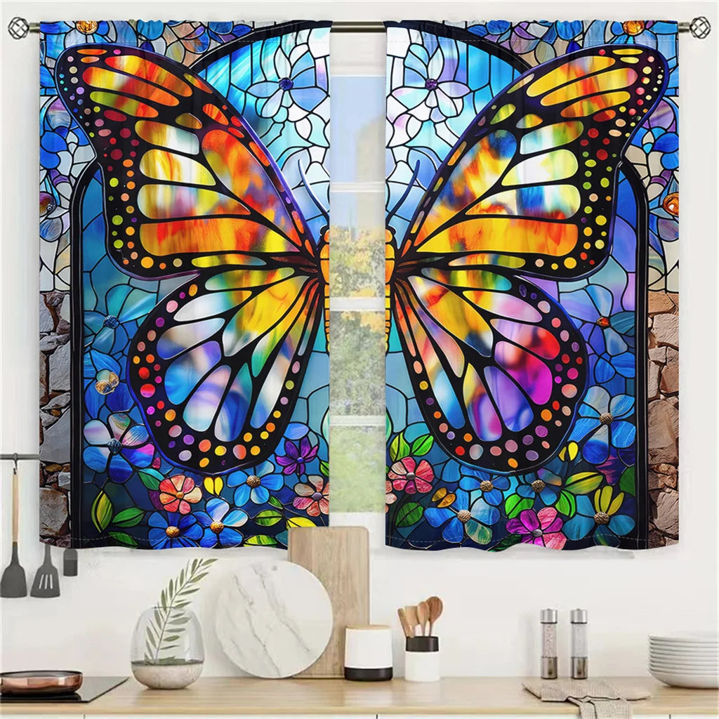 2Pcs Butterfly Painting Curtains 3D Colorful