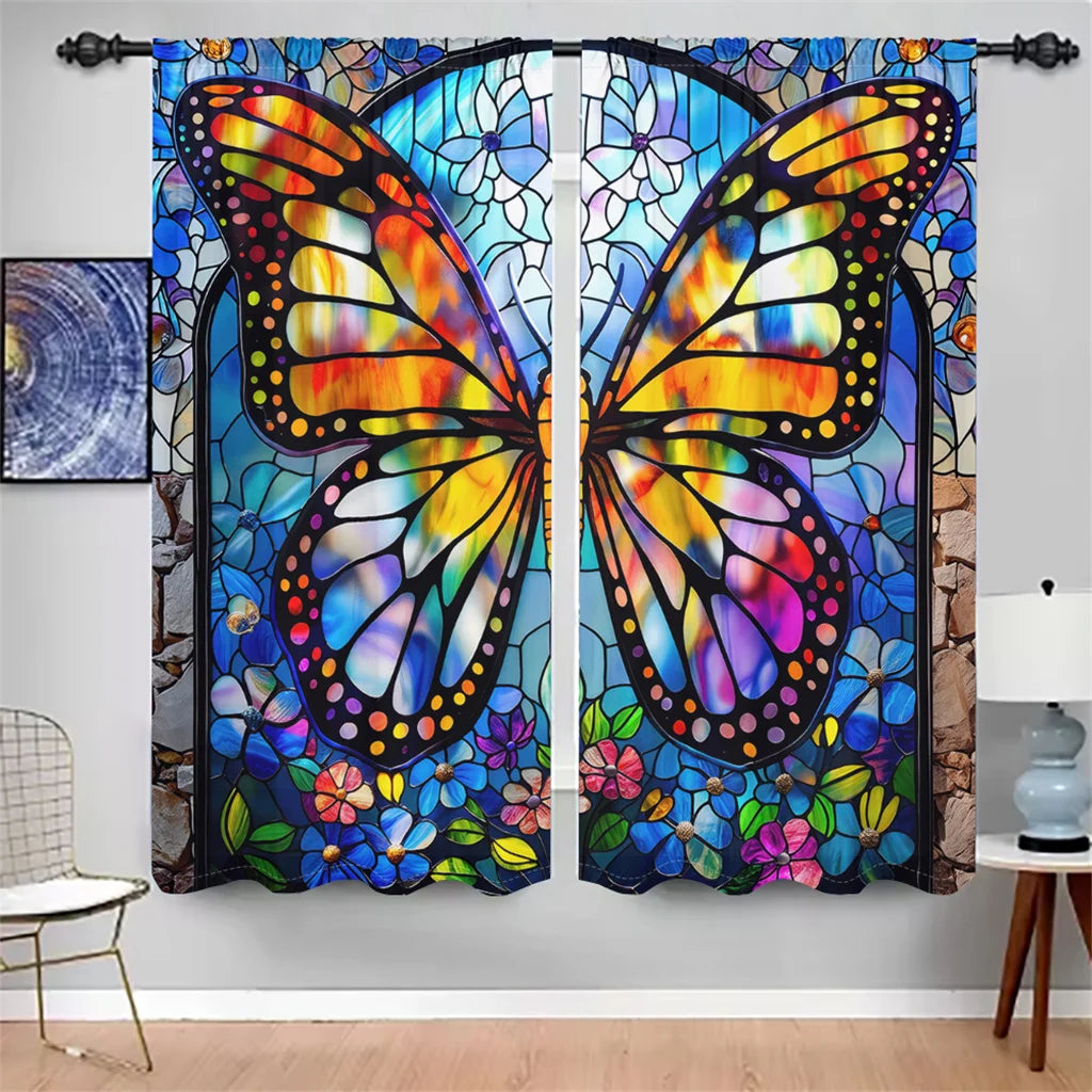2Pcs Butterfly Painting Curtains 3D Colorful