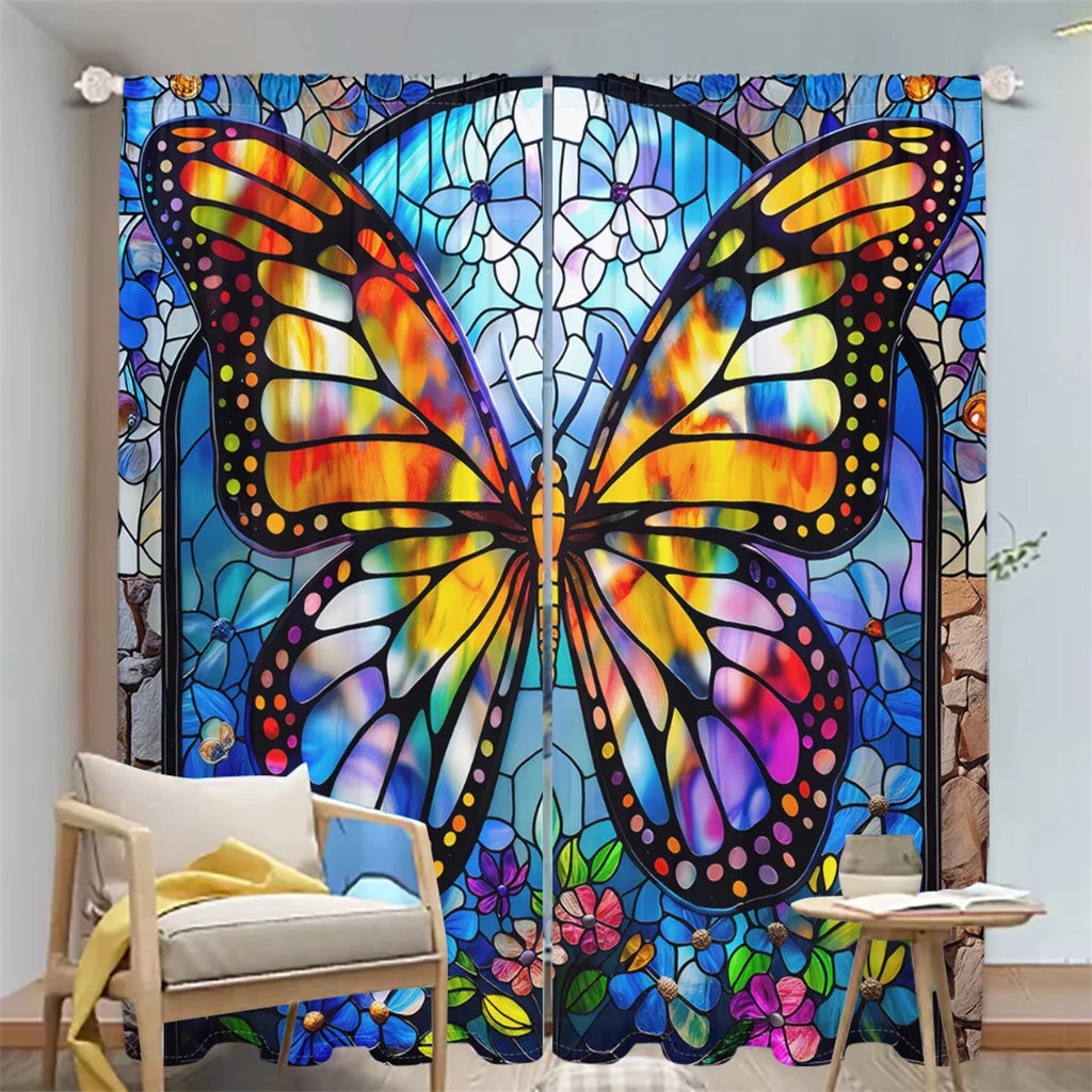 2Pcs Butterfly Painting Curtains 3D Colorful