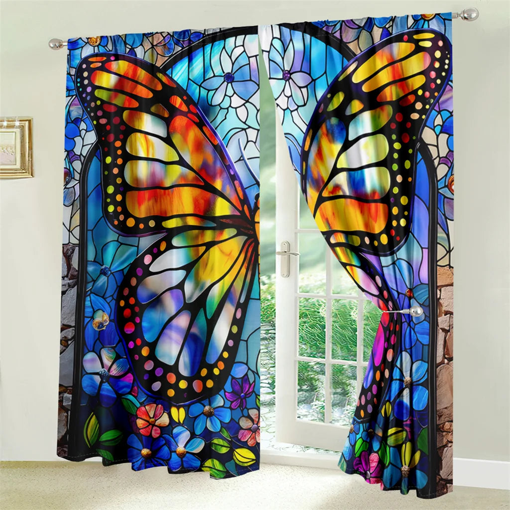 2Pcs Butterfly Painting Curtains 3D Colorful