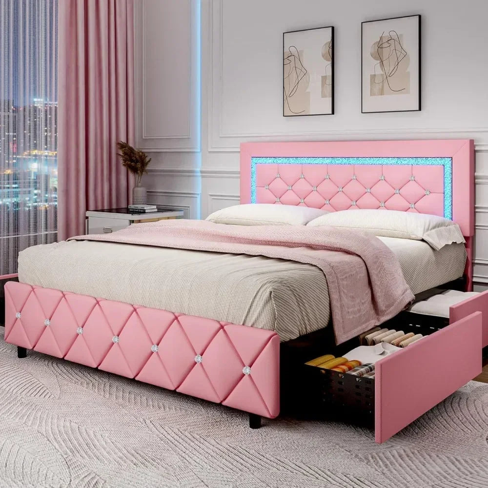 Upholstered Bed Frame with Storage, Diamond Design