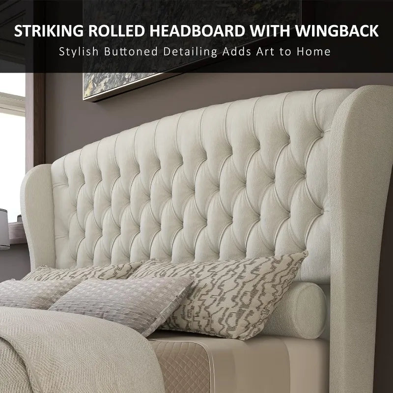 Chenille Sleigh Bed, Tufted Wingback Headboard