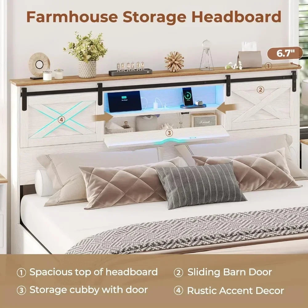 Rustic Bed Frame, LED Lights, Storage Drawers