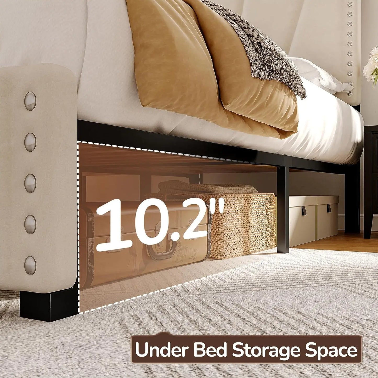 King Size Bed Frame With Velvet Headboard And LED Lights