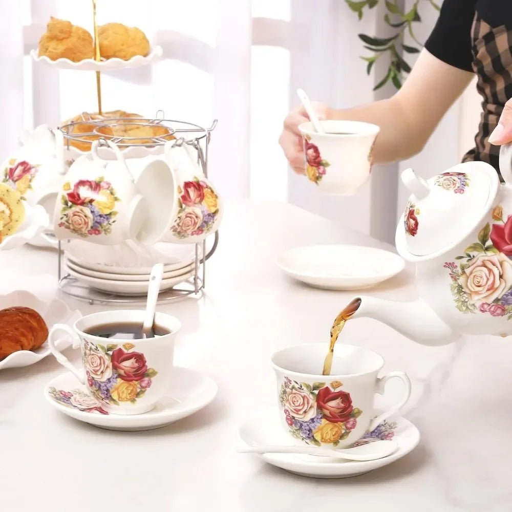 Ceramic 26-Piece Porcelain Tea Set, (7 oz) and teapot (28 oz)