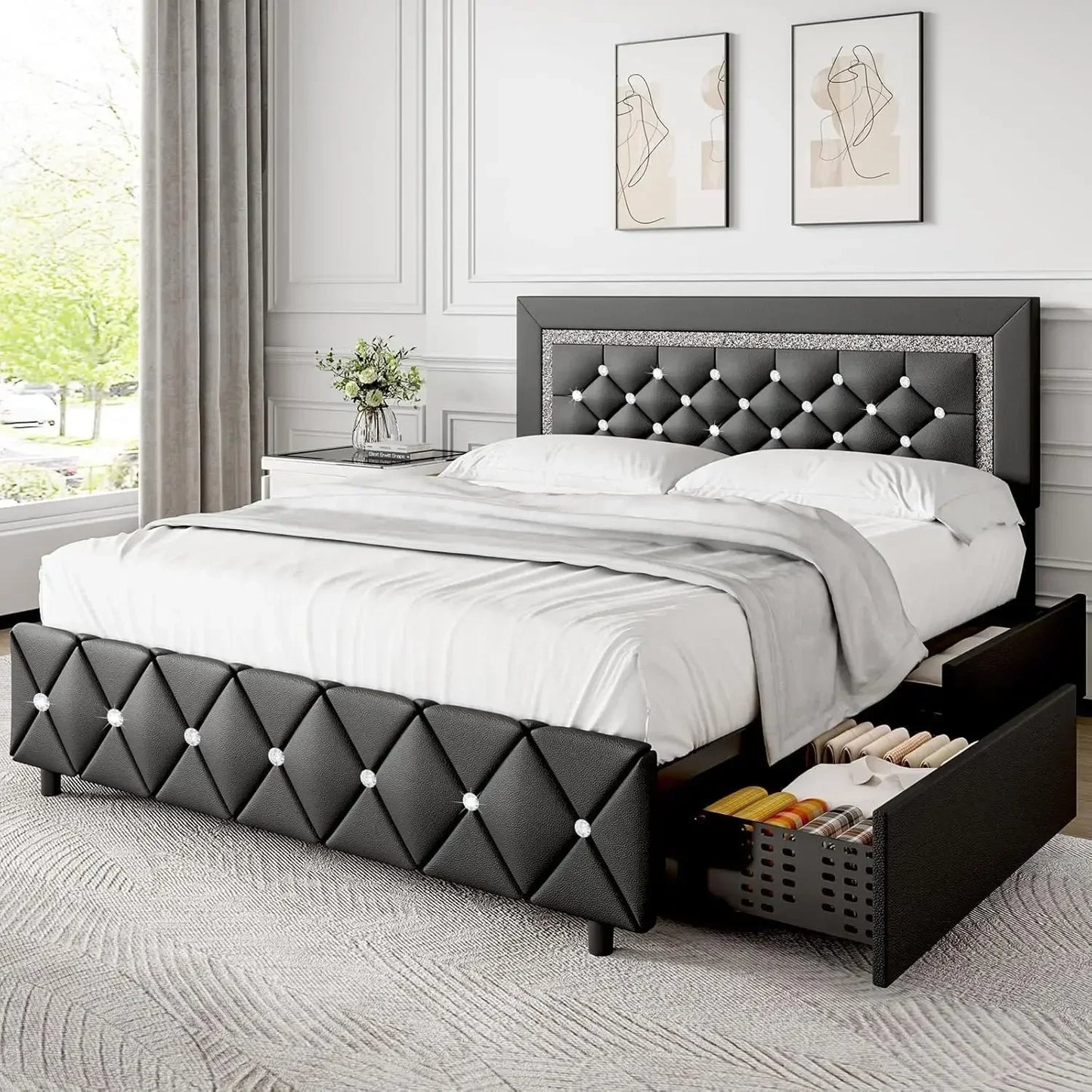 Upholstered Bed Frame with Storage, Diamond Design