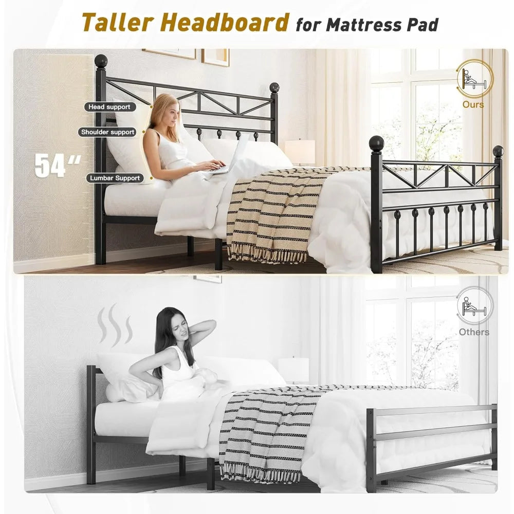 54" Metal King Bed Frame With Tall Headboard & Footboard