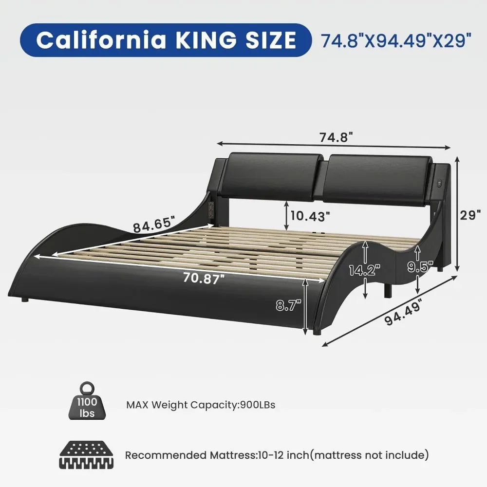 Bed Frame With LED, USB, Faux Leather