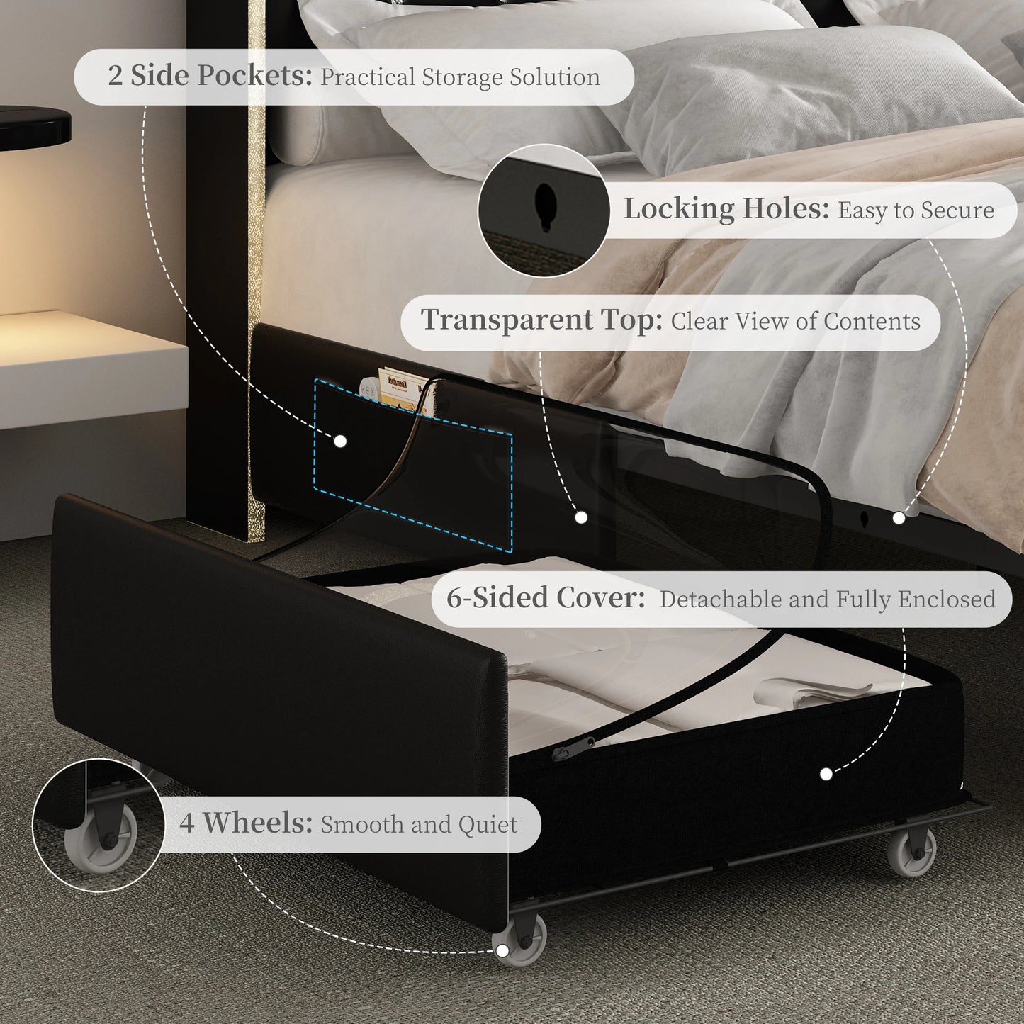 LED Bed Frame, Star Projector, Storage, Charging Station