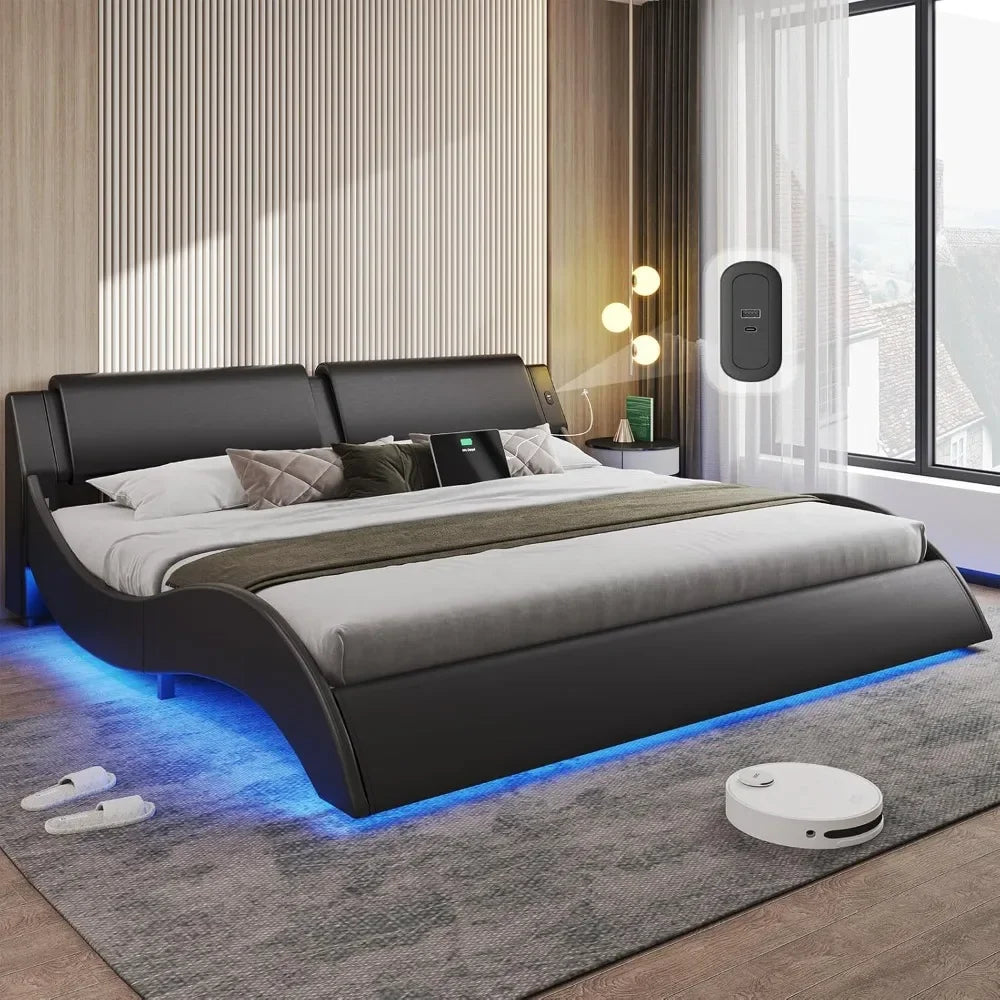 Bed Frame With LED, USB, Faux Leather