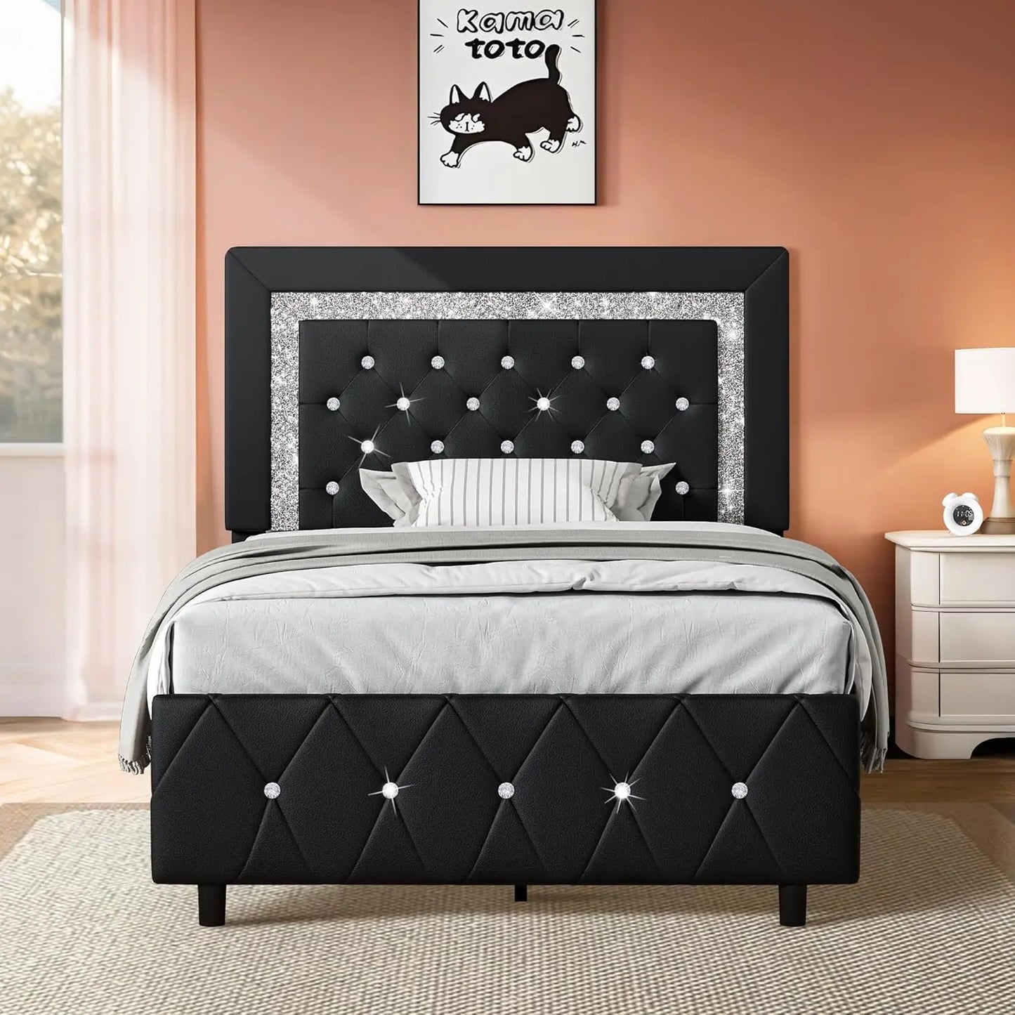 Platform Bed Frame With Upholstered Diamond Headboard