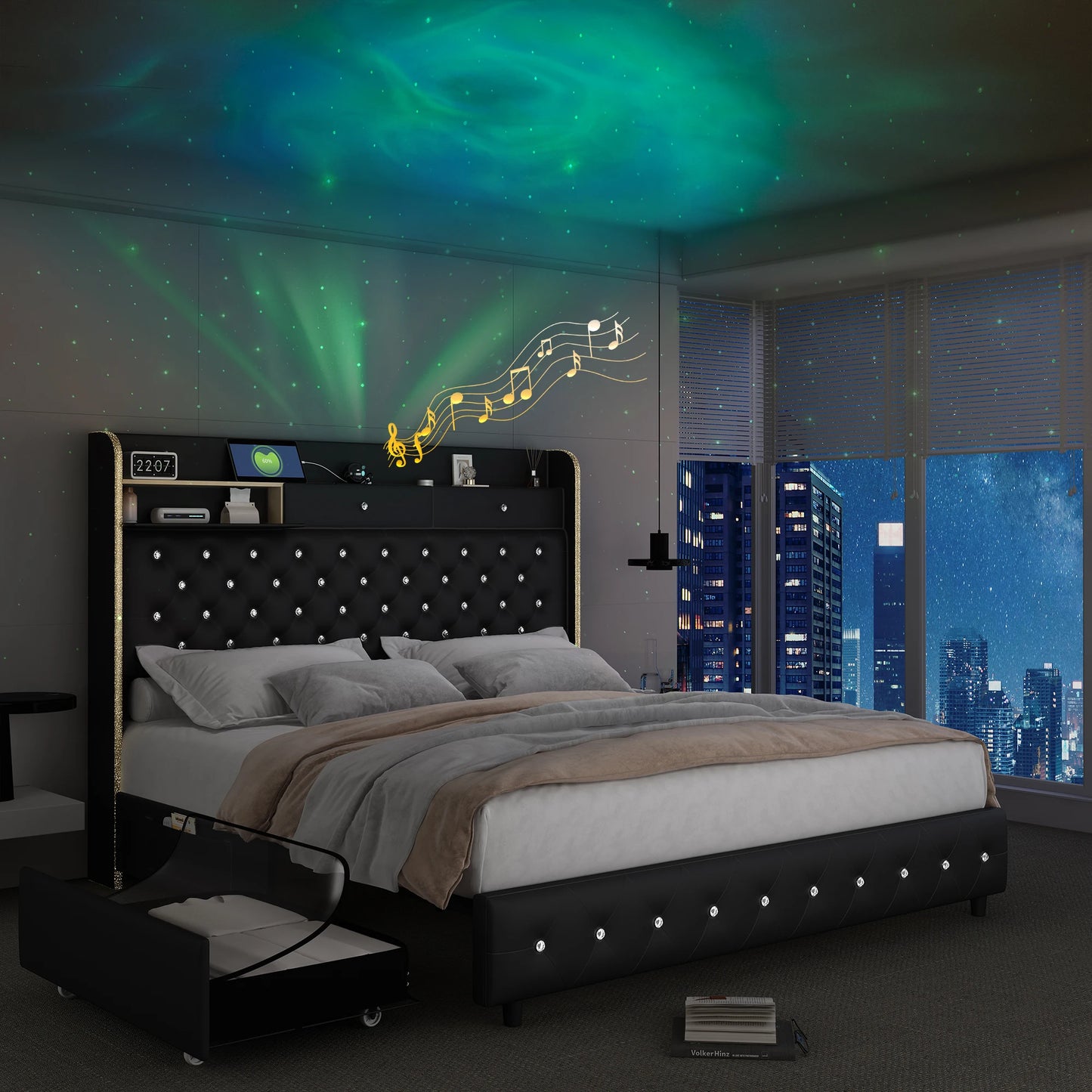 LED Bed Frame, Star Projector, Storage, Charging Station