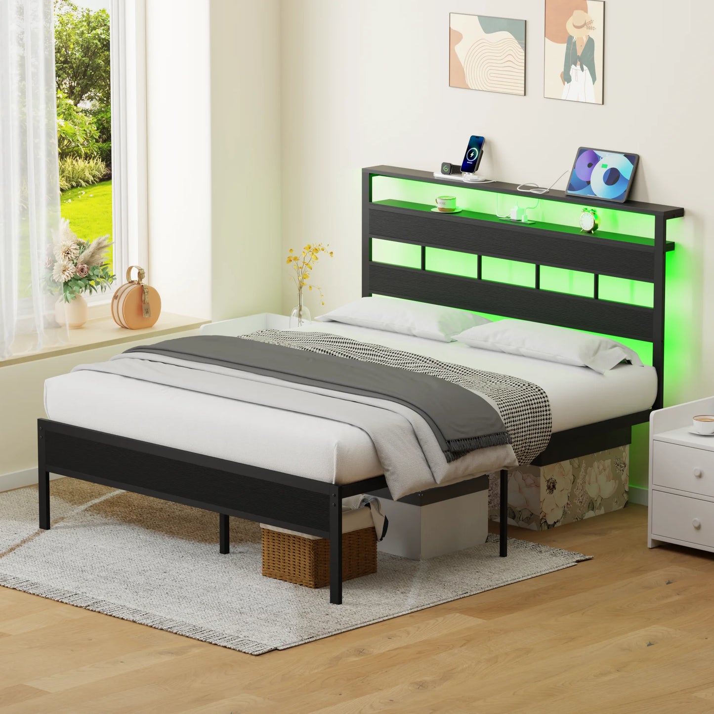 Bed Frame With LED Lights/Charging Station