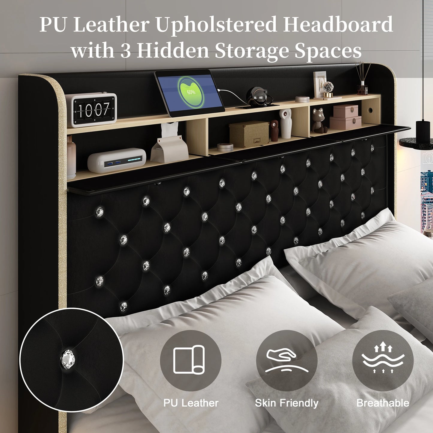LED Bed Frame, Star Projector, Storage, Charging Station