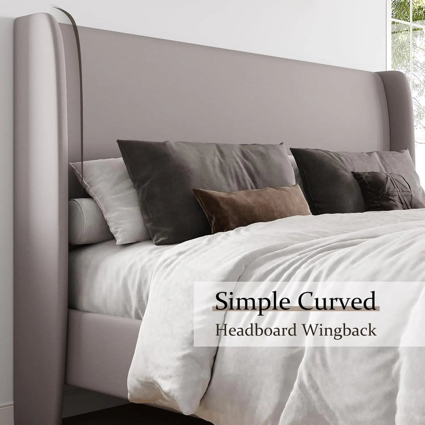 Upholstered Platform Bed, Wingback Headboard, No Box spring Needed