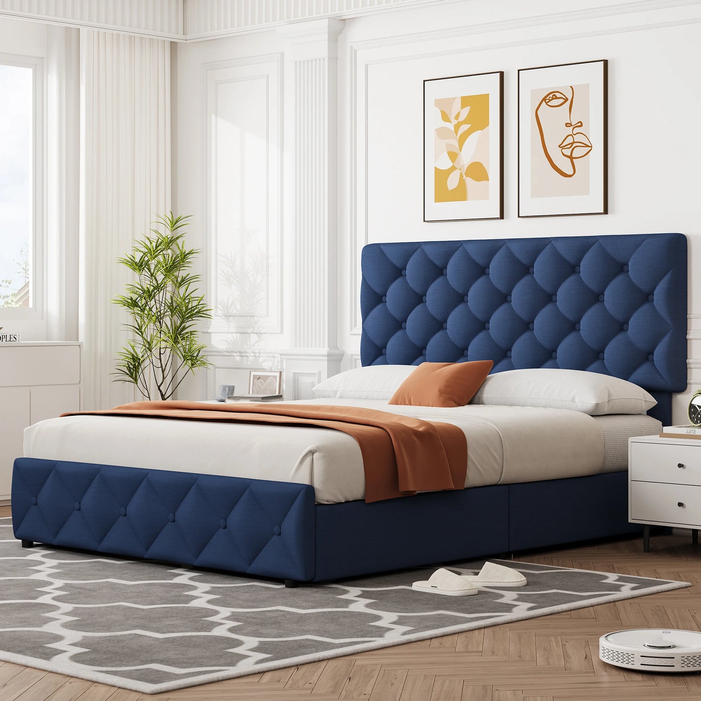 Queen Upholstered Bed Frame With Height Adjustable Headboard
