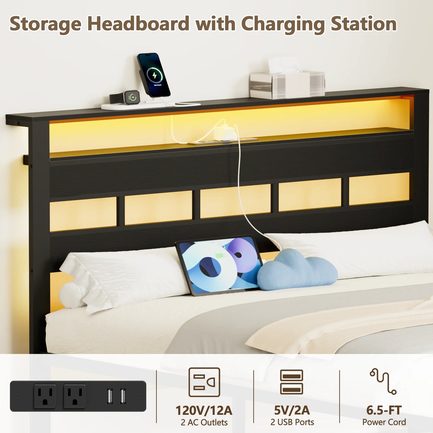 Bed Frame With LED Lights/Charging Station