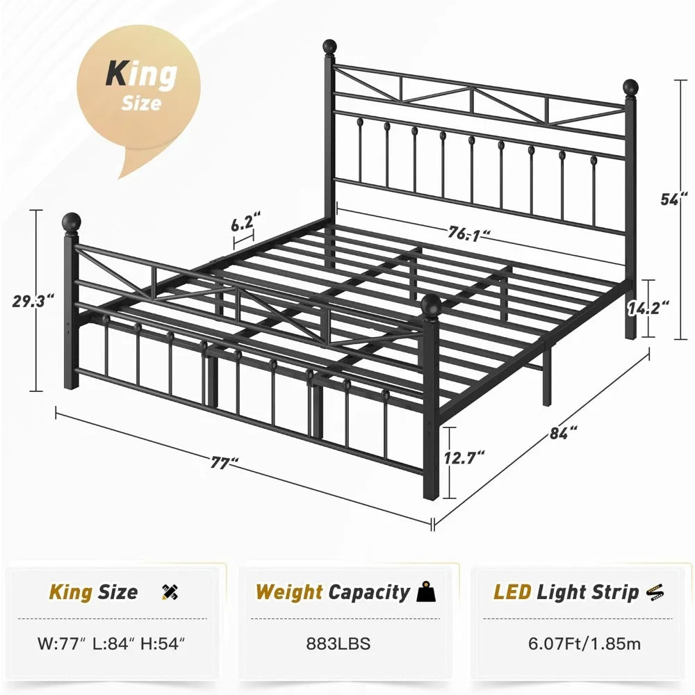 54" Metal King Bed Frame With Tall Headboard & Footboard