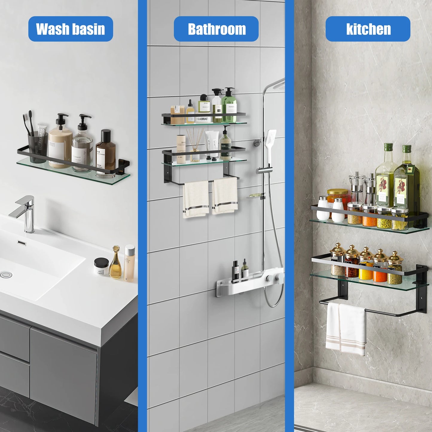 Glass Bathroom Shelf With Towel Bar