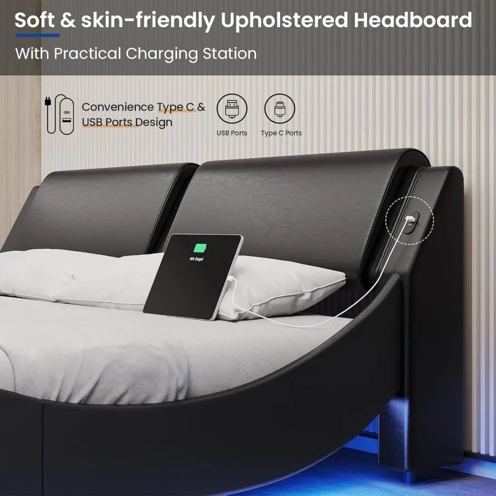 Bed Frame With LED, USB, Faux Leather