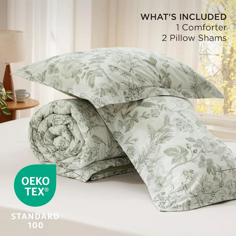 King Size Floral Comforter Set - 100% Cotton Sage Green