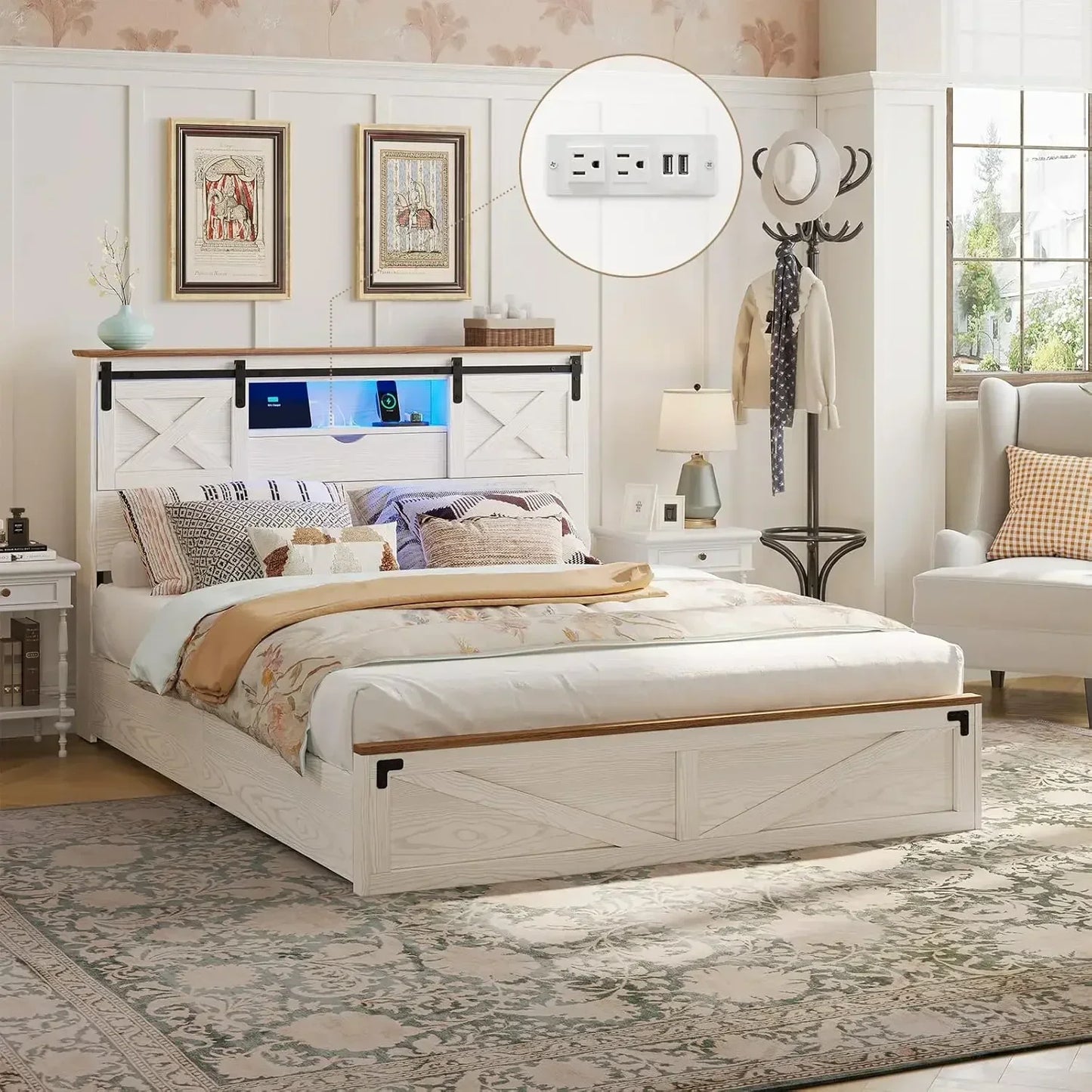 Rustic Bed Frame, LED Lights, Storage Drawers