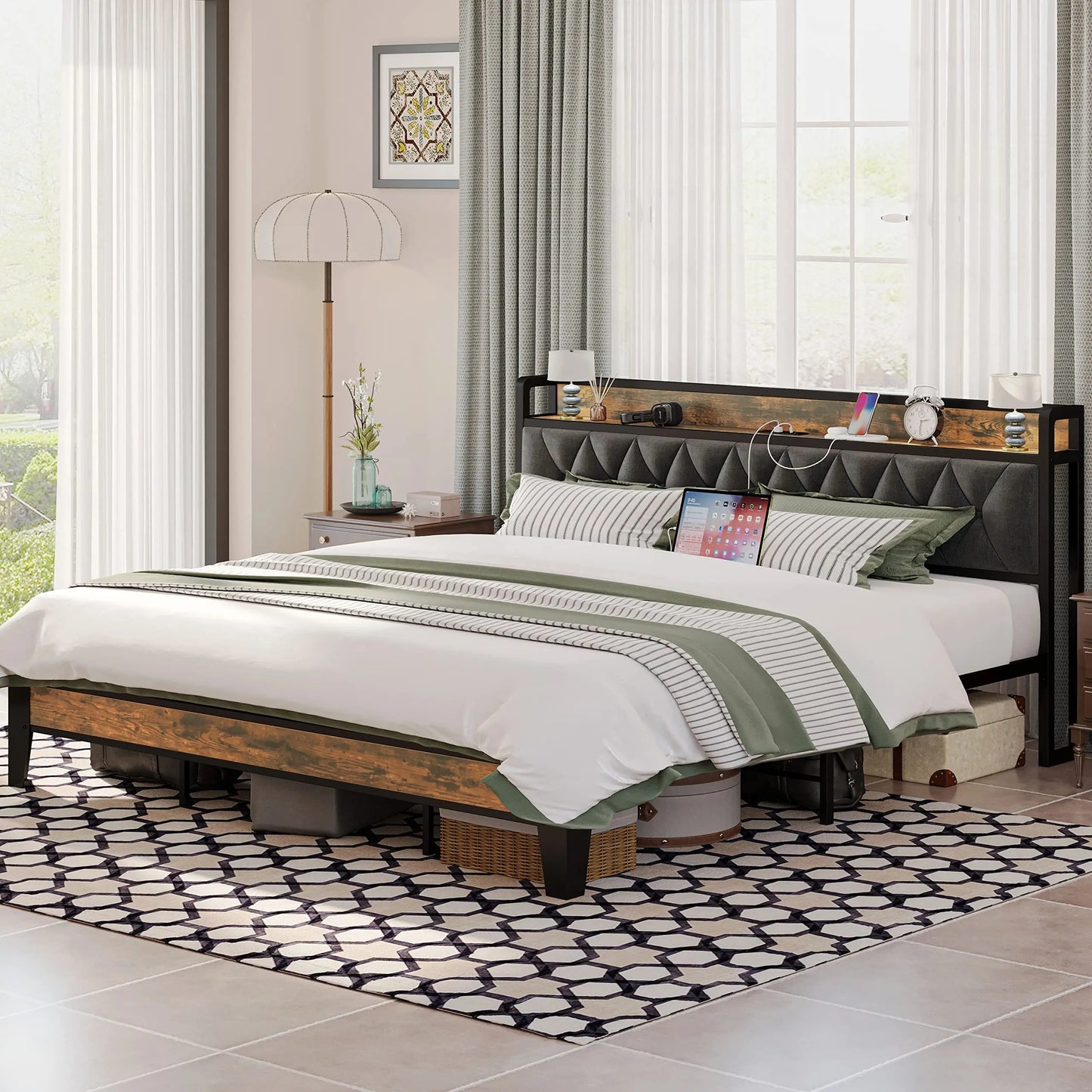 Modern Bed Frame, Storage Headboard, Outlets Included