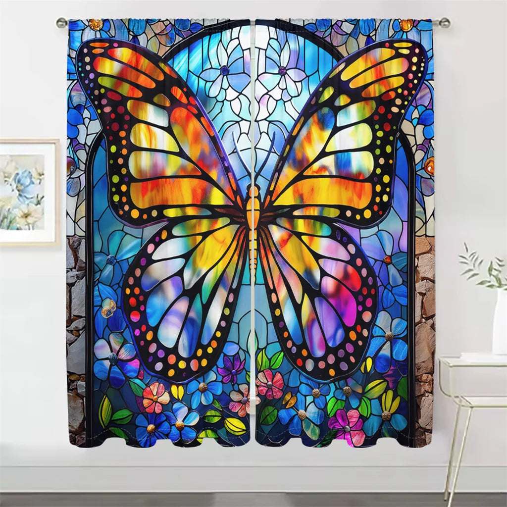 2Pcs Butterfly Painting Curtains 3D Colorful