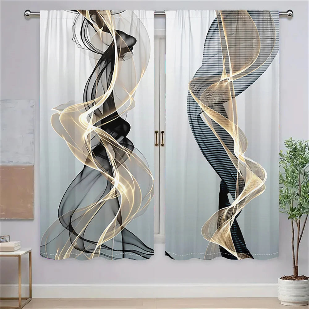 2 Pcs Abstract Art Curtains Black and Gold