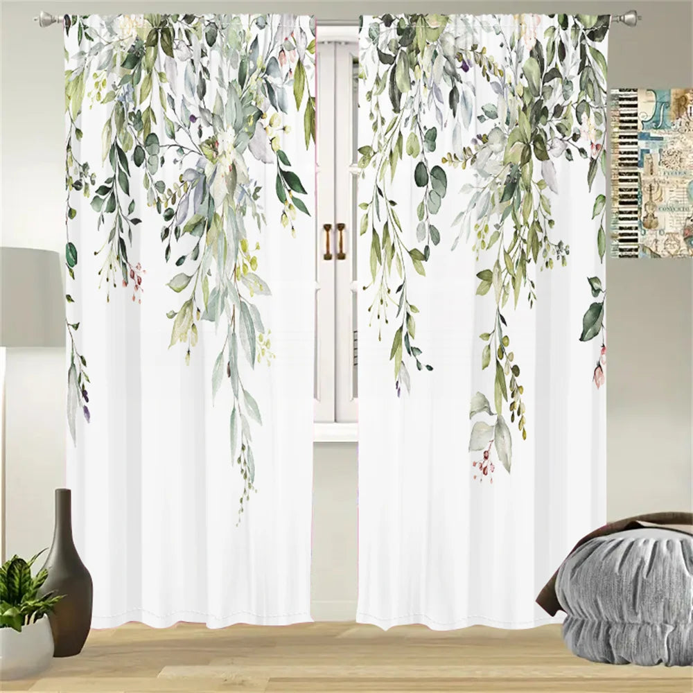 2Pcs Fresh Green Leaf Curtains