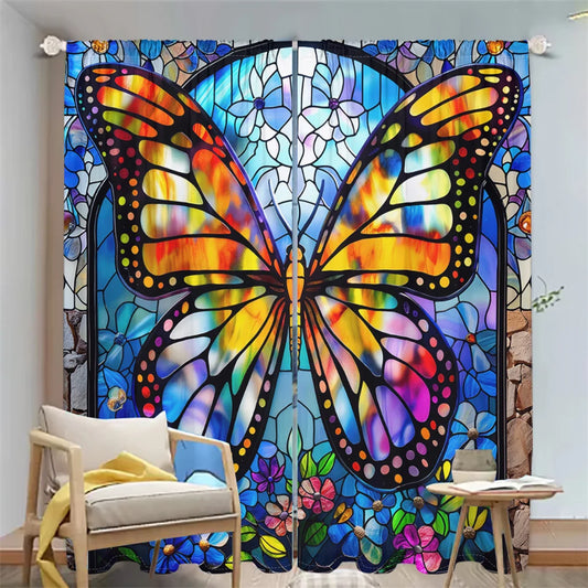 2Pcs Butterfly Painting Curtains 3D Colorful