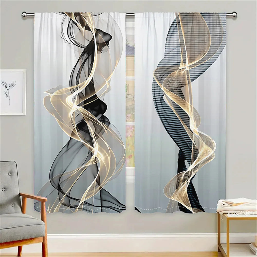 2 Pcs Abstract Art Curtains Black and Gold