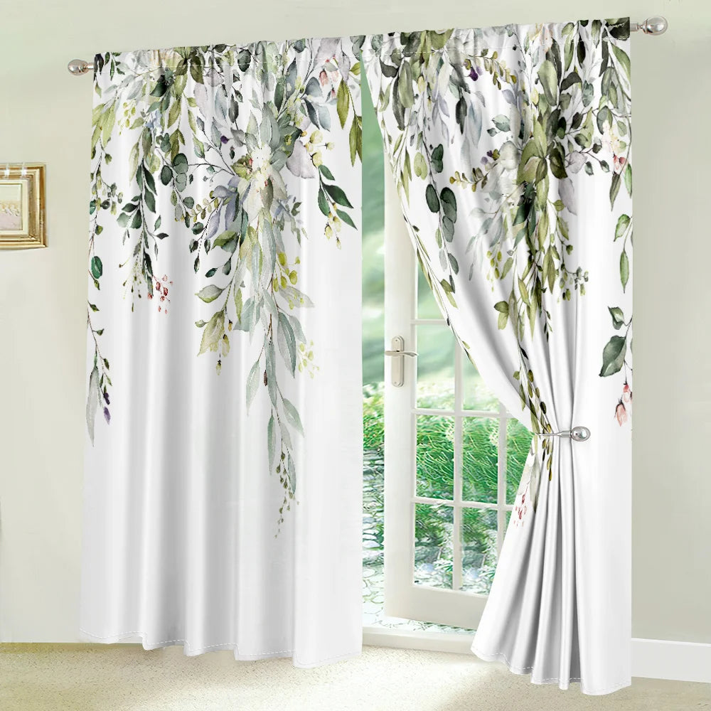 2Pcs Fresh Green Leaf Curtains