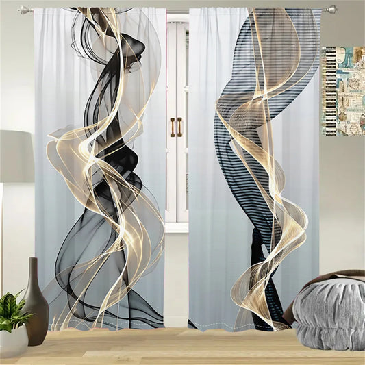 2 Pcs Abstract Art Curtains Black and Gold