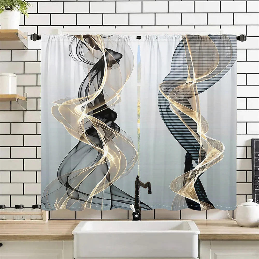 2 Pcs Abstract Art Curtains Black and Gold