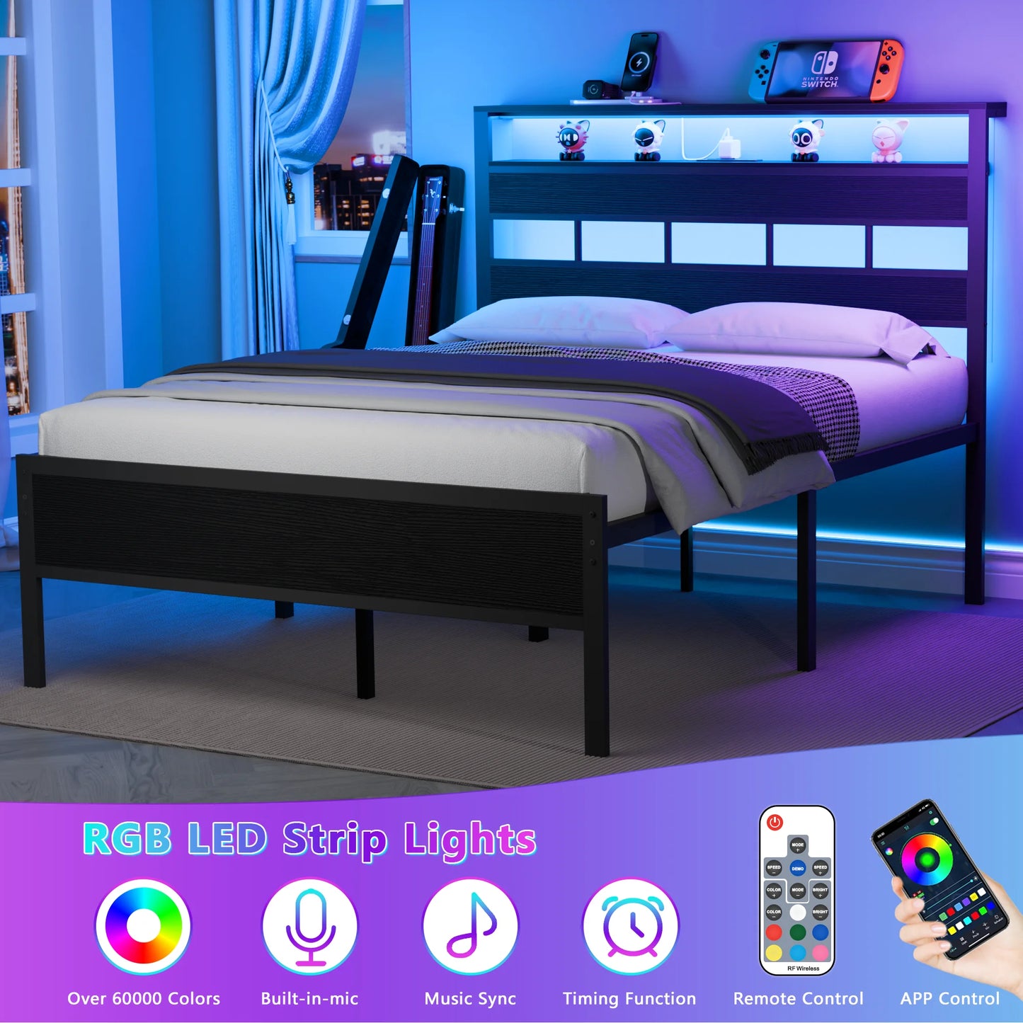Bed Frame With LED Lights/Charging Station
