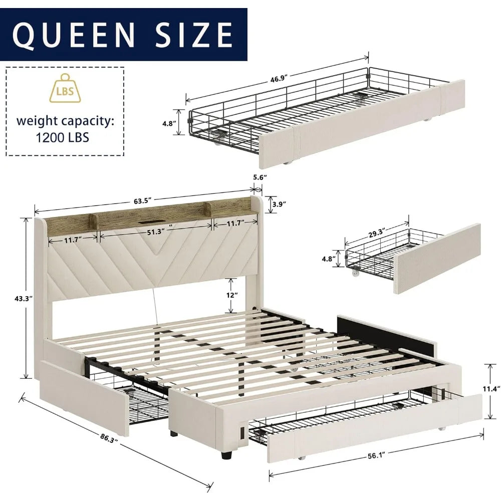 Upholstered Bed Frame, Storage Drawers, Charging Station