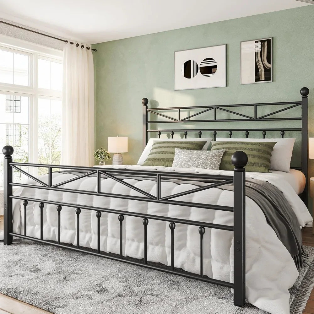 54" Metal King Bed Frame With Tall Headboard & Footboard
