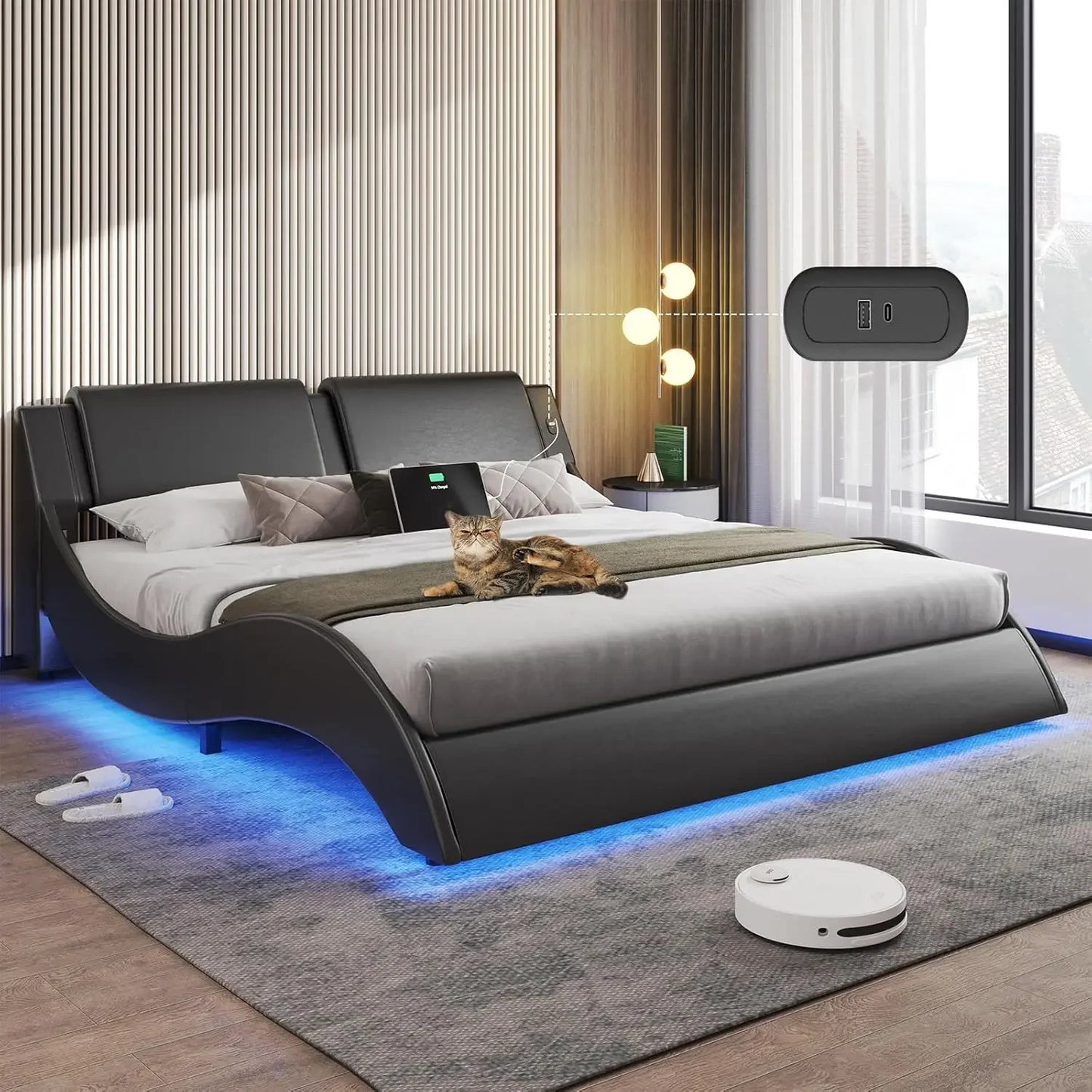 Bed Frame With LED, USB, Faux Leather