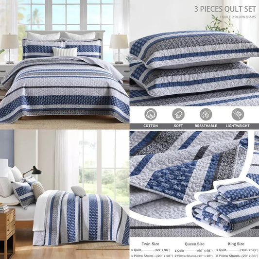 Queen Size 100% Cotton Quilt Bedding Set - Gray Blue