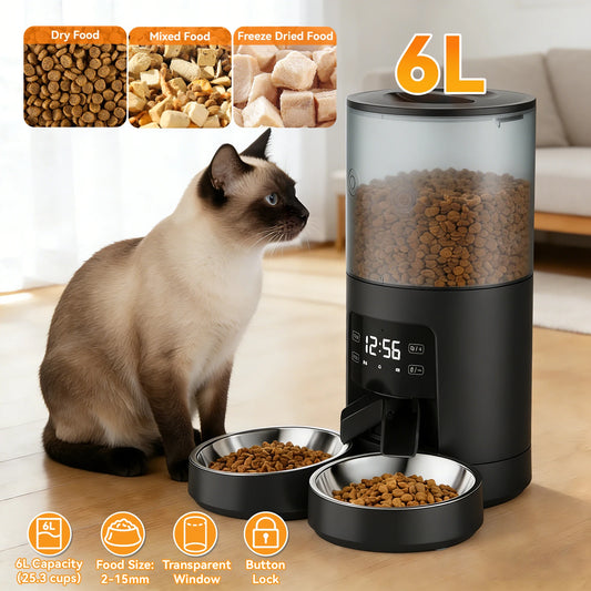 6L Automatic Cat Feeder with 2 Stainless Bowls