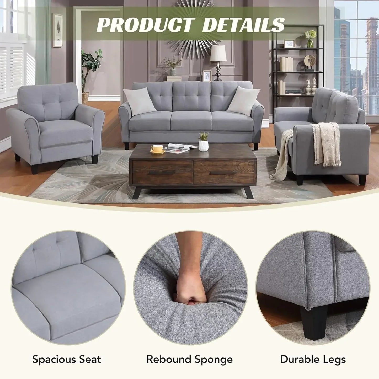 3-Piece Living Room Sofa Set