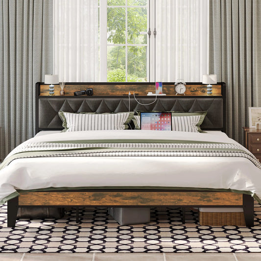 Modern Bed Frame, Storage Headboard, Outlets Included