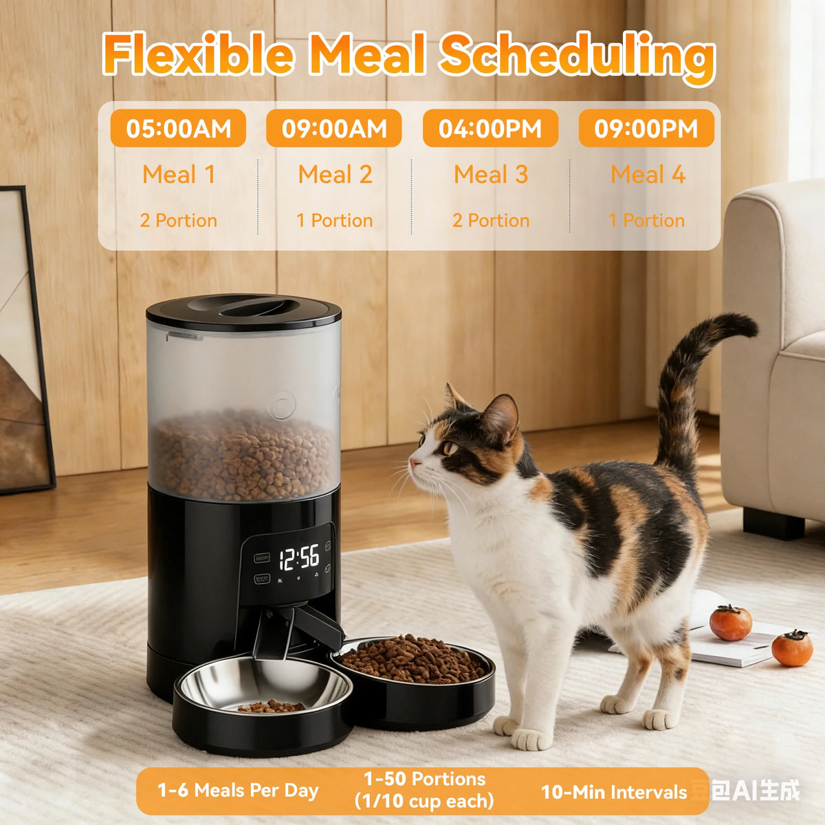 6L Automatic Cat Feeder with 2 Stainless Bowls