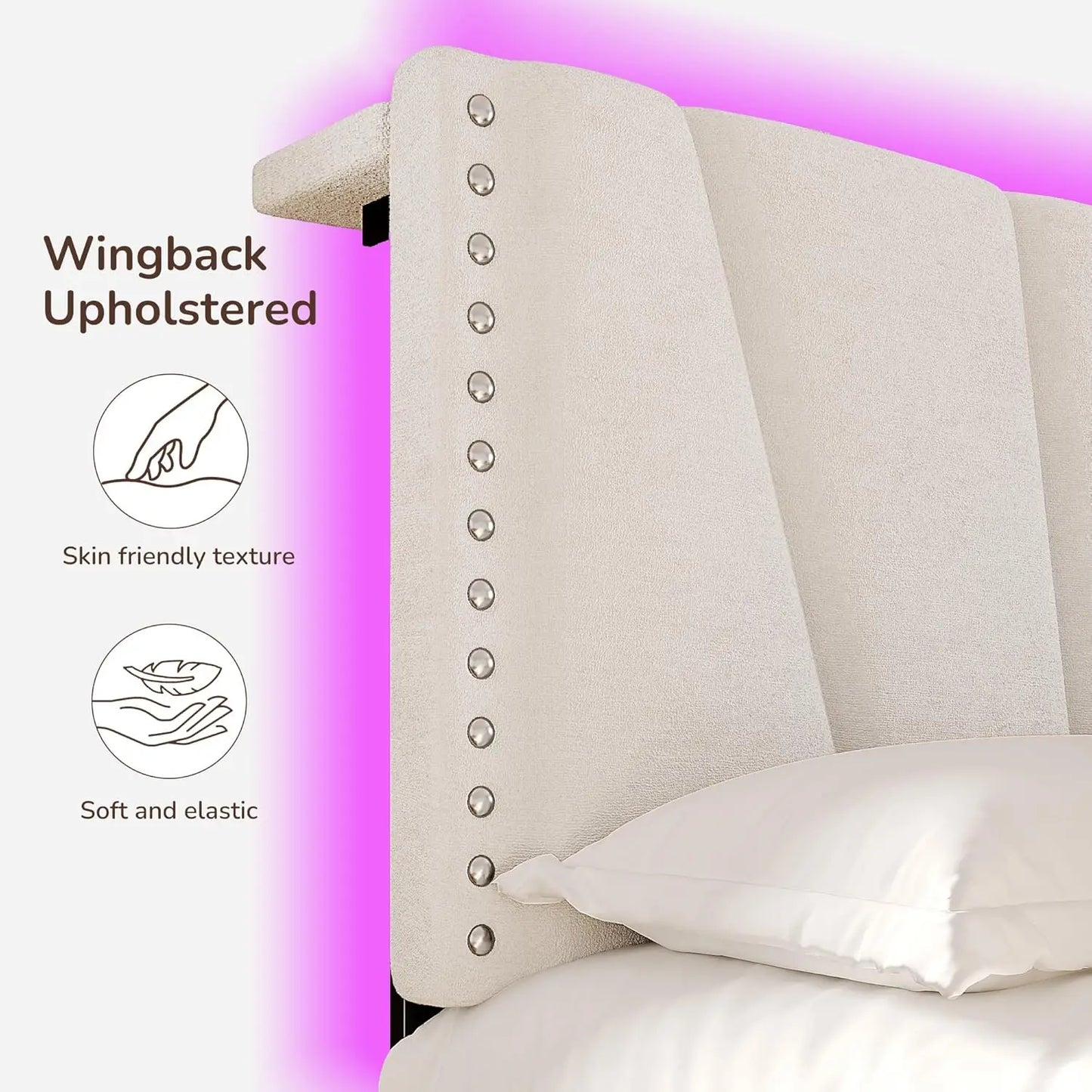 King Size Bed Frame With Velvet Headboard And LED Lights