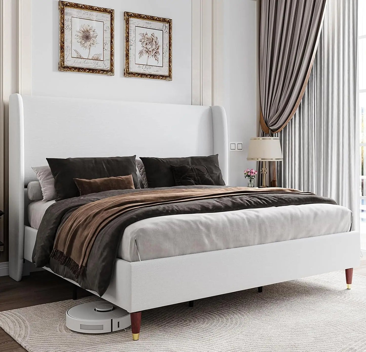 Upholstered Platform Bed, Wingback Headboard, No Box spring Needed