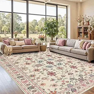 Floral Boho 8x10 Area Rugs, Low Pile Wool Carpets