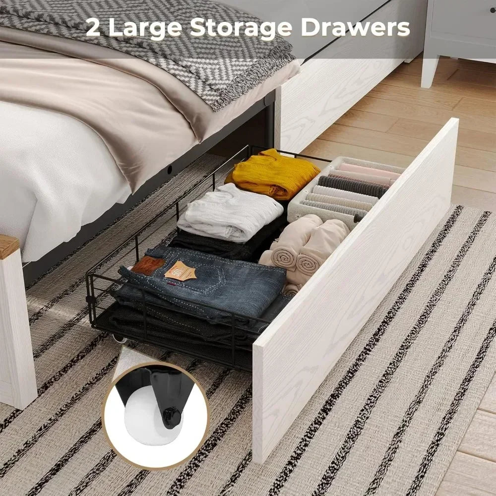 Rustic Bed Frame, LED Lights, Storage Drawers
