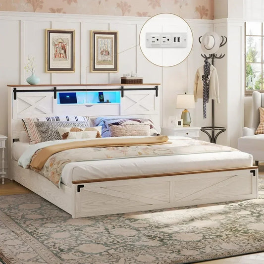 Rustic Bed Frame, LED Lights, Storage Drawers