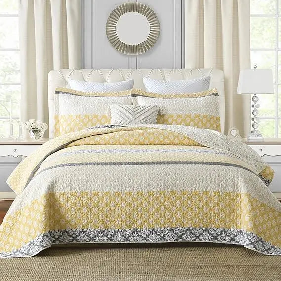 Yellow Cotton Floral Queen Quilt Set